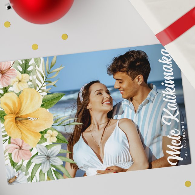 Cartes Pour Fêtes Annuelles Fleurs tropicales à l'aquarelle Mele Kalikimaka (Créateur téléchargé)