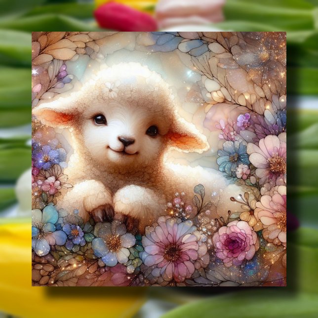 Cartes Pour Fêtes Annuelles Fleurs violettes et roses et agneau chrétien Pâque (Créateur téléchargé)