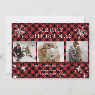 Cartes Pour Fêtes Annuelles Flocon de neige à plaid rouge personnalisé 3 photo