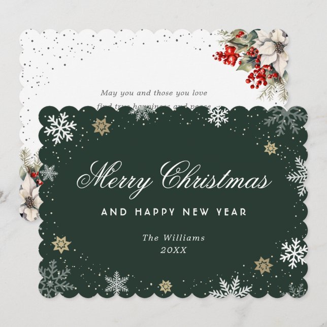 Cartes Pour Fêtes Annuelles Flocon de neige aquarelle botanique vert  (Devant / Derrière)