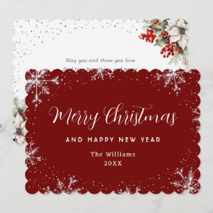 Cartes Pour Fêtes Annuelles Flocon de neige élégant rouge argent botanique
