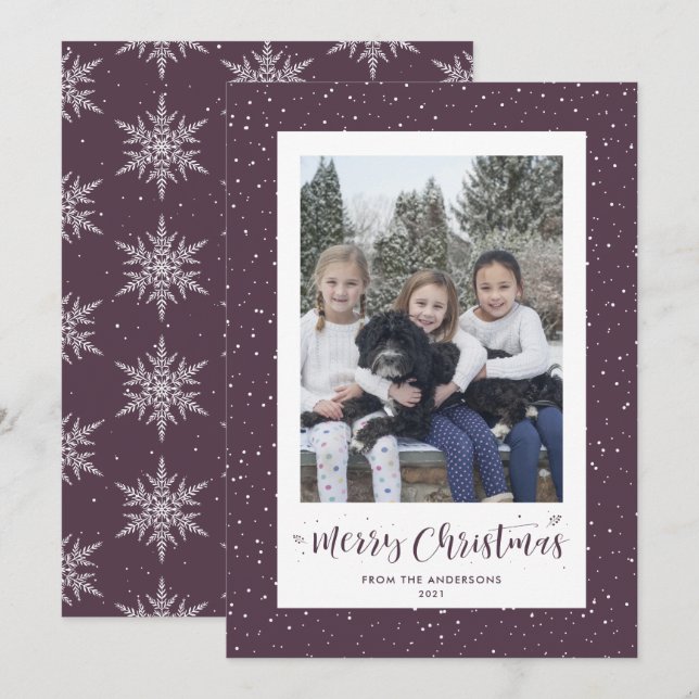 Cartes Pour Fêtes Annuelles Flocon de neige pourpre Snowflake Photo Joyeuses c (Devant / Derrière)