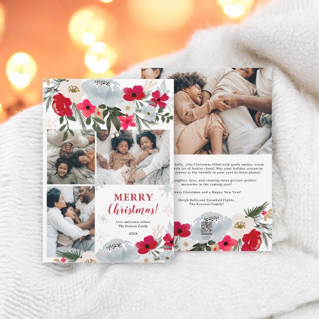 Cartes Pour Fêtes Annuelles Flocon de neige rouge vert Noël 4 photos (Christmas Red Green floral snowflake 4 photos Holiday Card)