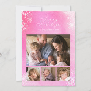 Cartes Pour Fêtes Annuelles Flocons de neige à l'aquarelle rose Joyeuses Fêtes