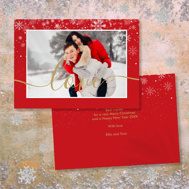 Cartes Pour Fêtes Annuelles Flocons de neige photo modernes écriture amour  (Modern Photo Snowflakes Gold Love Script Holiday Card)