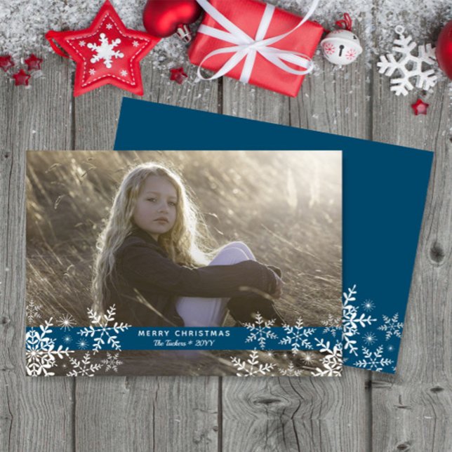 Cartes Pour Fêtes Annuelles Flocons de neige simples élégants Photo Noël Bleu (Créateur téléchargé)