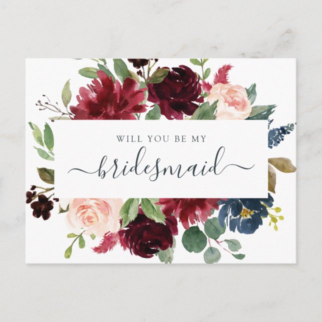 Cartes Pour Fêtes Annuelles Floral Bourgogne Navy Bouquet Serez-Vous Mon (Devant)