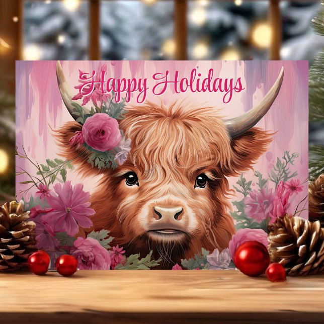 Cartes Pour Fêtes Annuelles Floral Christmas Baby Highland Cow Joyeuses Vacanc (Créateur téléchargé)