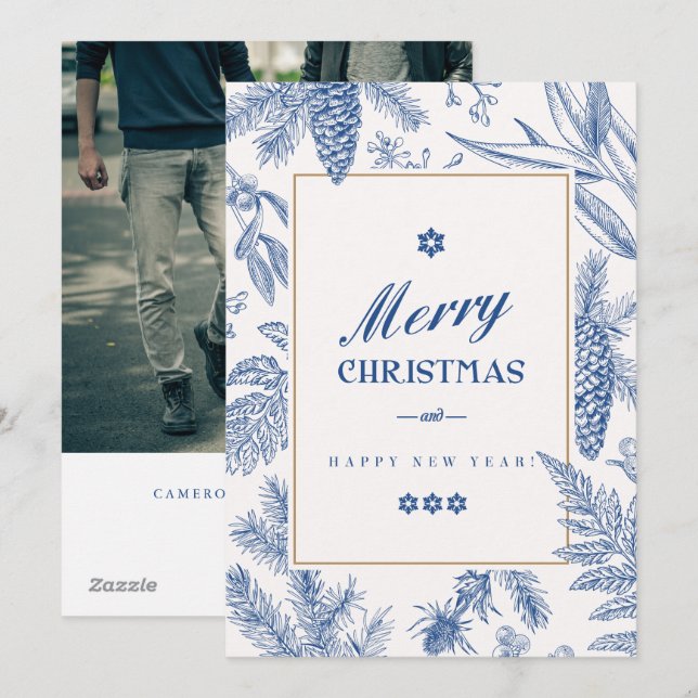 Cartes Pour Fêtes Annuelles Floral de vacances bleues | LGBT Photo Holiday  (Devant / Derrière)