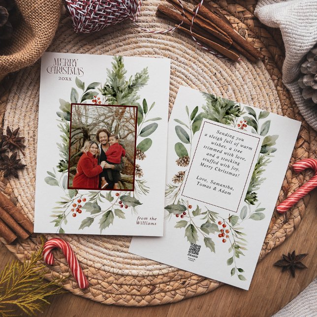 Cartes Pour Fêtes Annuelles Floral Elegant Aquarelle Joyeux Noël Photo (Créateur téléchargé)