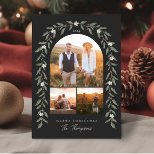 Cartes Pour Fêtes Annuelles Floral Garland Arched 3 Photo Black Christmas Card