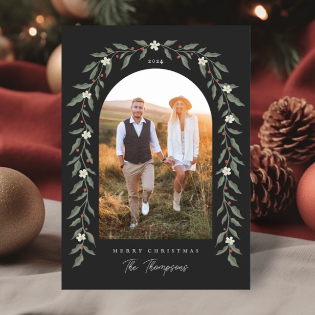 Cartes Pour Fêtes Annuelles Floral Garland Arched Photo Black Christmas Card (Floral Garland Arched Photo Black Christmas Card)