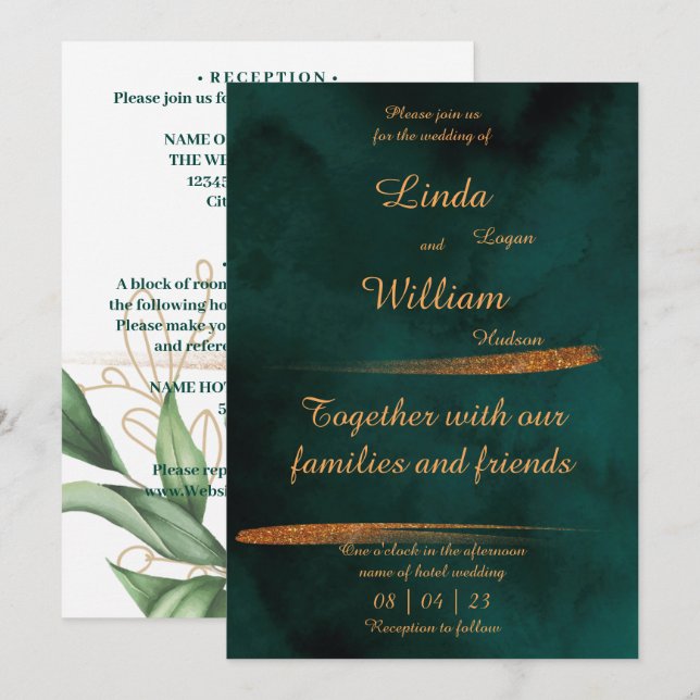 Cartes Pour Fêtes Annuelles Floral Mariage Deep Sea Dark Green & Gold (Devant / Derrière)