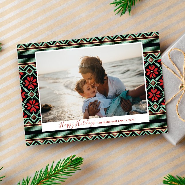 Cartes Pour Fêtes Annuelles Floral nordique Poinsettia Joyeux Vacances Photo (Créateur téléchargé)