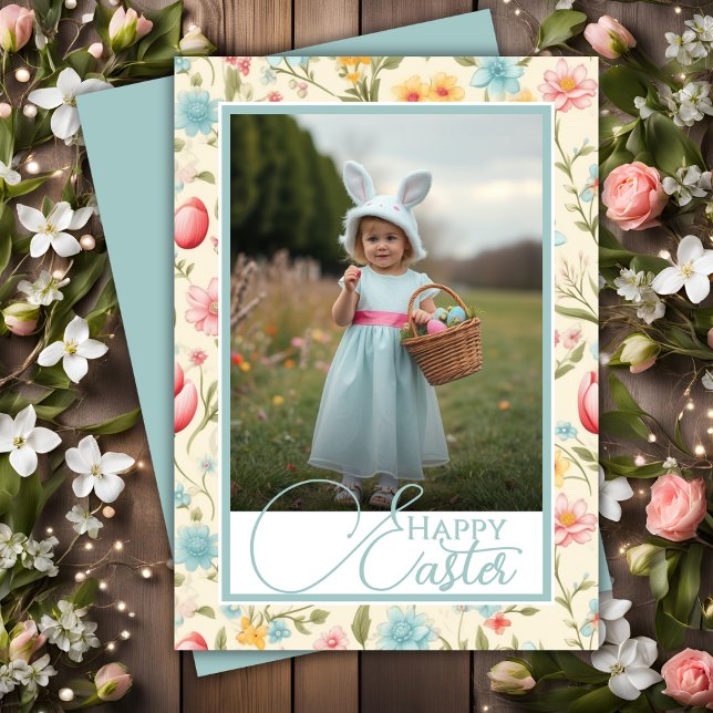 Cartes Pour Fêtes Annuelles Floral Pastels Joyeux Pâques Photo personnalisée (Floral Pastels Happy Easter Custom Photo Holiday Card)