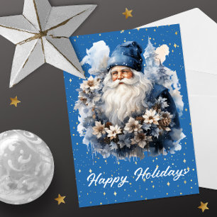 Cartes Pour Fêtes Annuelles Floral Père Noël bleu