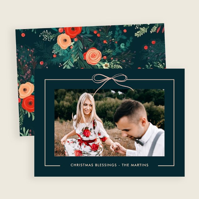 Cartes Pour Fêtes Annuelles Floral Turquoise Bow encadré photo Noël (Créateur téléchargé)