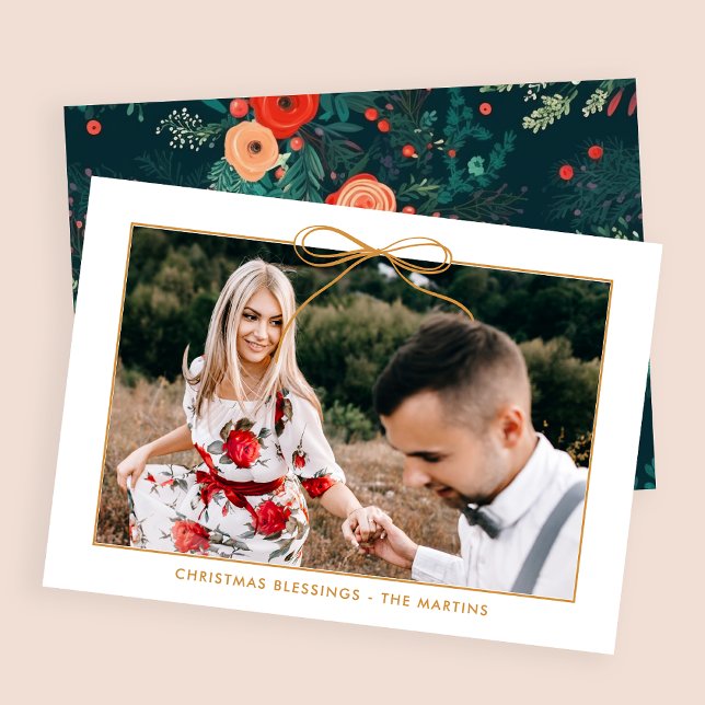 Cartes Pour Fêtes Annuelles Floral White Gold Bow Photo Noël (Créateur téléchargé)
