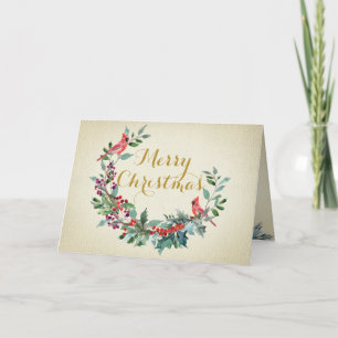 Cartes Pour Fêtes Annuelles Florals Cardinals Or Elégant Foliage Aquarelle