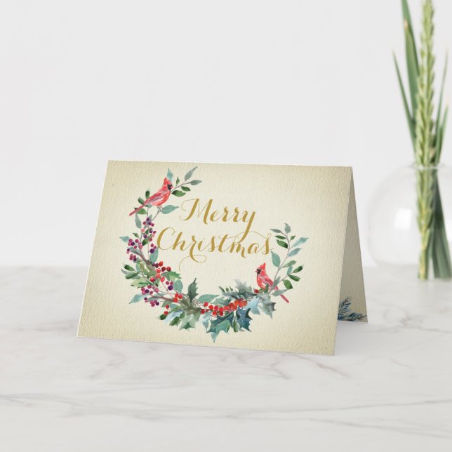 Cartes Pour Fêtes Annuelles Florals Cardinals Or Elégant Foliage Aquarelle (Devant)