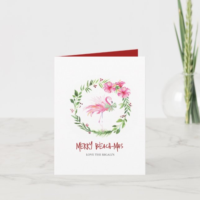 Cartes Pour Fêtes Annuelles Florida Beach Flamant rose tropical Noël (Devant)
