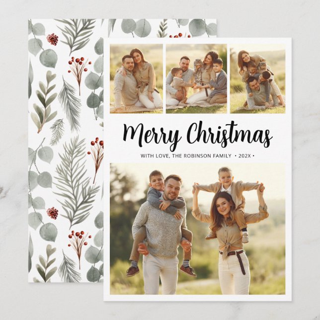 Cartes Pour Fêtes Annuelles Foliage de script moderne 4 Multi Photo Noël (Devant / Derrière)