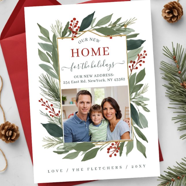 Cartes Pour Fêtes Annuelles Foliage d'hiver Nouvelle maison pour les vacances  (Winter Foliage New Home for Holidays Photo Moving Holiday Card)