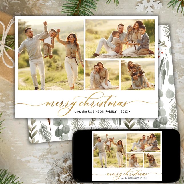 Cartes Pour Fêtes Annuelles Foliage d'hiver Script 4 Photo Collage Noël (Créateur téléchargé)