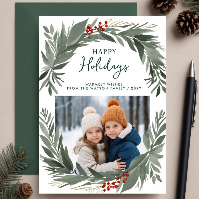 Cartes Pour Fêtes Annuelles Foliage d'hiver Verdure Joyeuses vacances Photo (Winter Foliage Greenery Happy Holidays Photo Holiday Card)