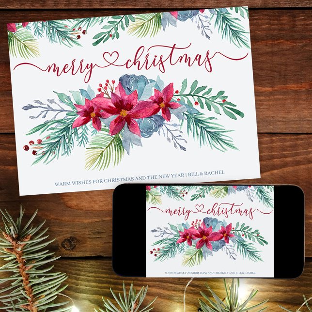 Cartes Pour Fêtes Annuelles Foliole d'hiver et Poinsettia Aquarelle Noël (Poinsettia Christmas Card. Buy professionally printed or as a printable digital download.)