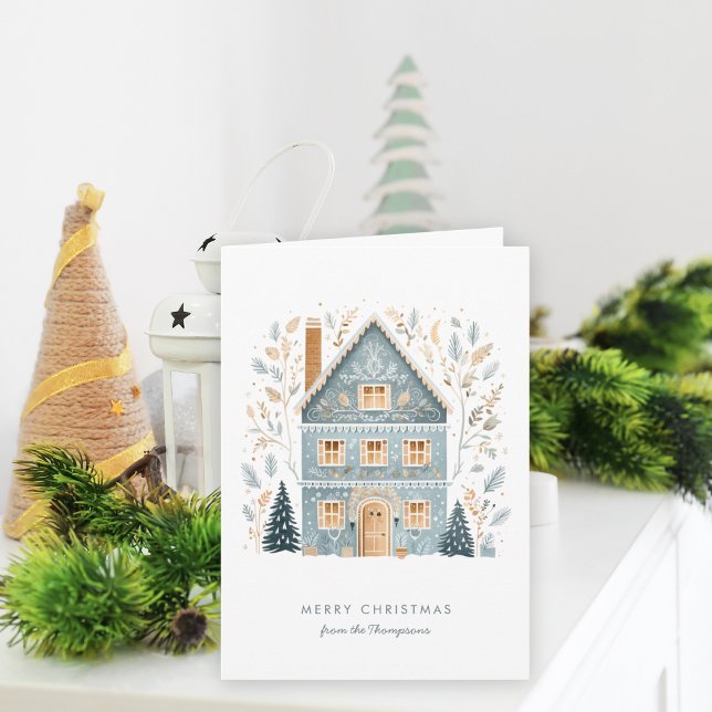 Cartes Pour Fêtes Annuelles Folk Art Winter Blue House Joyeux Noël (Folded Christmas card, available digitally and printed)