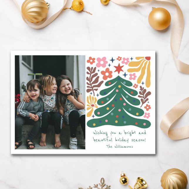 Cartes Pour Fêtes Annuelles Folk Floral Tree Bright Christmas Photo Cute (Créateur téléchargé)