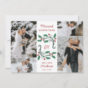 Cartes Pour Fêtes Annuelles Folk Holly Monogram Mariage 4 Photos Noël