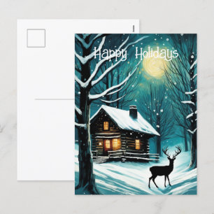 Cartes Pour Fêtes Annuelles Forêt de nuit d'hiver Cabine Deer Noël