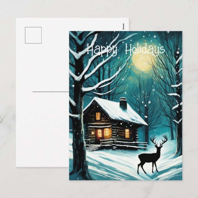 Cartes Pour Fêtes Annuelles Forêt de nuit d'hiver Cabine Deer Noël (Devant / Derrière)