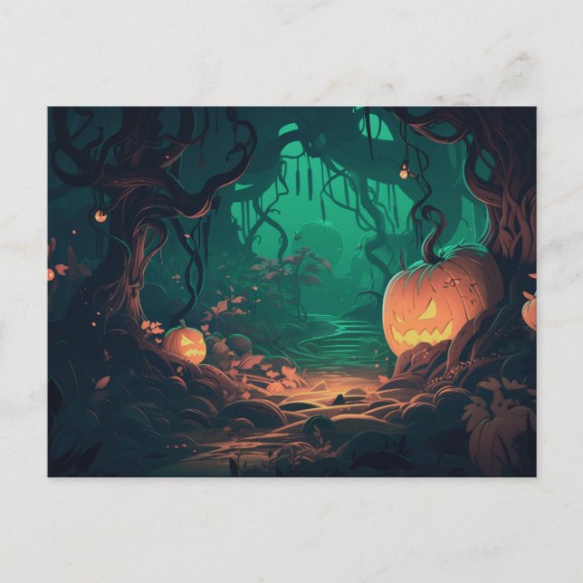 Cartes Pour Fêtes Annuelles Forêt déplaisante avec Jack O' Lanterns Halloween (Devant)