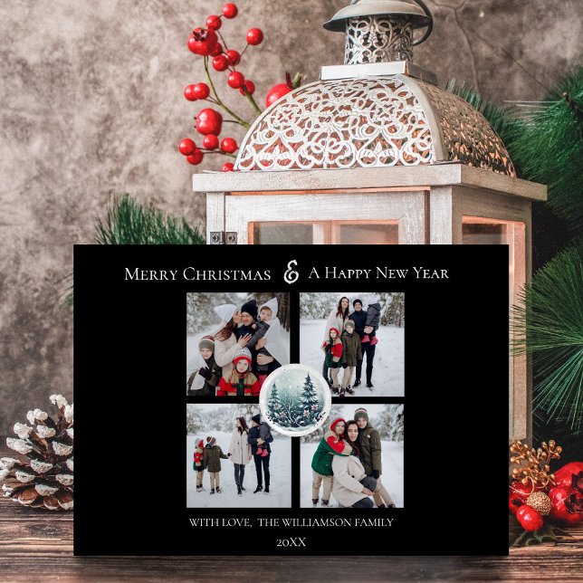 Cartes Pour Fêtes Annuelles Forêt d'hiver Noire Collage photo (Black Winter Forest Floral Photo Collage Holiday Card)