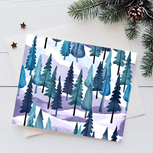 Cartes Pour Fêtes Annuelles Forêt hivernale enneigée   Aquarelle de Noël viole