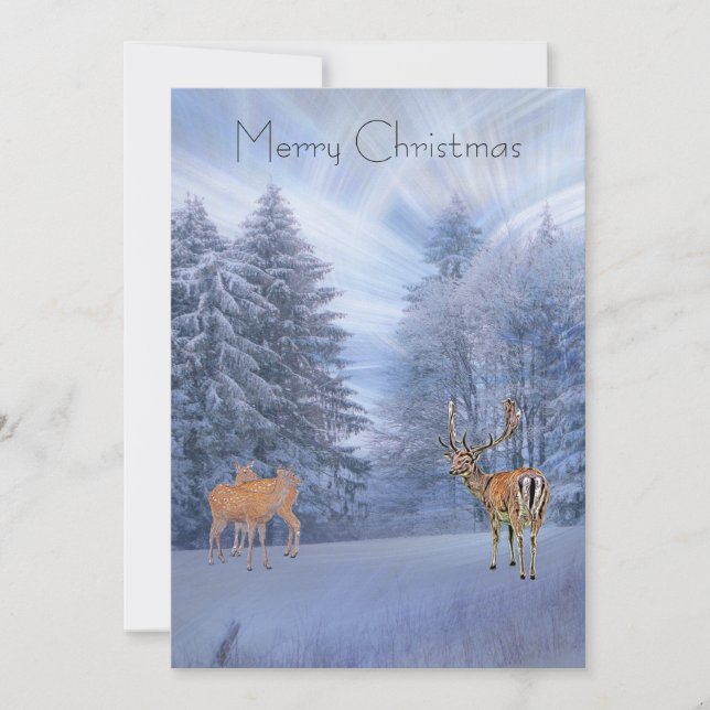 Cartes Pour Fêtes Annuelles Forêt hivernale magique avec cerf, Noël personnali (Devant)