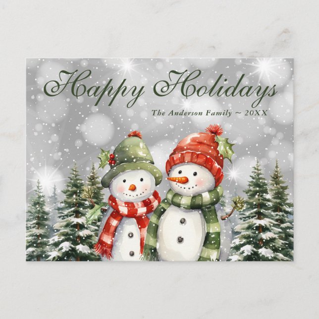 Cartes Pour Fêtes Annuelles Forêt neigeuse Snowmen Joyeuses vacances (Devant)