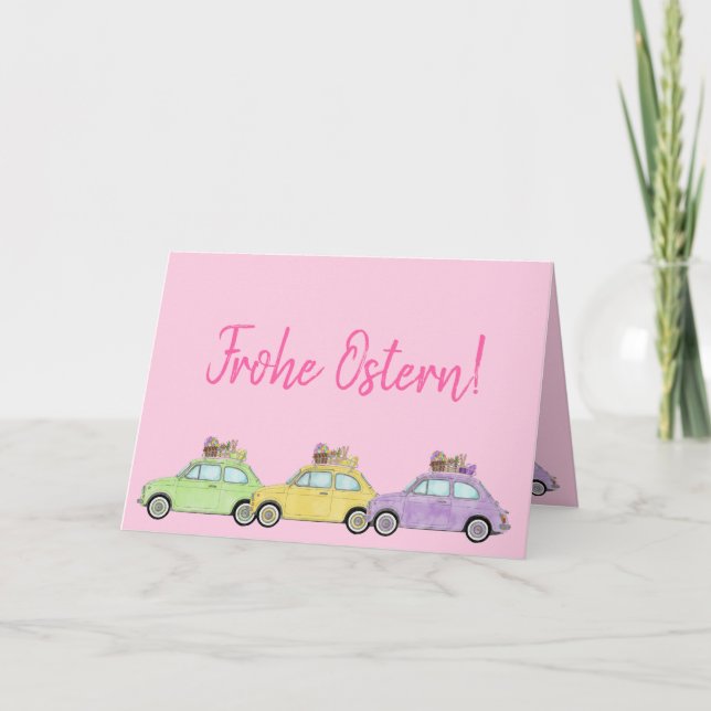 Cartes Pour Fêtes Annuelles Frohe Ostern Allemagne Pâques Retro Fiat 500 (Devant)