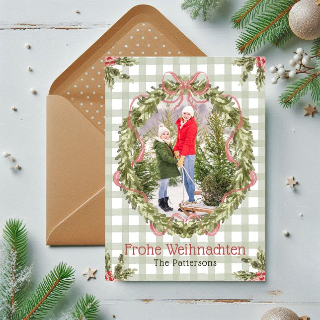 Cartes Pour Fêtes Annuelles Frohe Weihnachten Aquarelle Florale Photo de famil (Créateur téléchargé)
