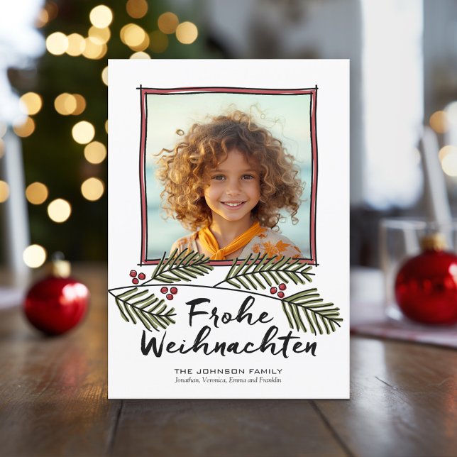 Cartes Pour Fêtes Annuelles Frohe Weihnachten Christmas Photo Pine Tree Branch (Holiday Photo Card with large script greeting)