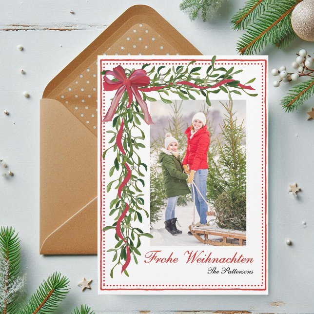 Cartes Pour Fêtes Annuelles Frohe Weihnachten Mistletoe Red Bow (Créateur téléchargé)