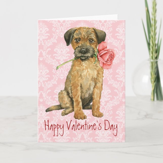 Cartes Pour Fêtes Annuelles Frontière Rose Valentine Terrier (Devant)