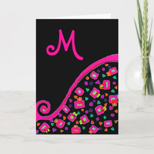 CARTES POUR FÊTES ANNUELLES FUCHSIE ROSE NOIR DÉCO MONOGRAM ABSTRAIT (Devant)