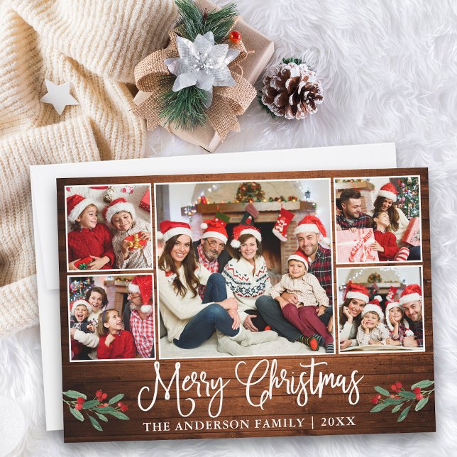 Cartes Pour Fêtes Annuelles Fun Calligraphie Wood Holly 5 Photo Noël (Customize to add text to back of card.)