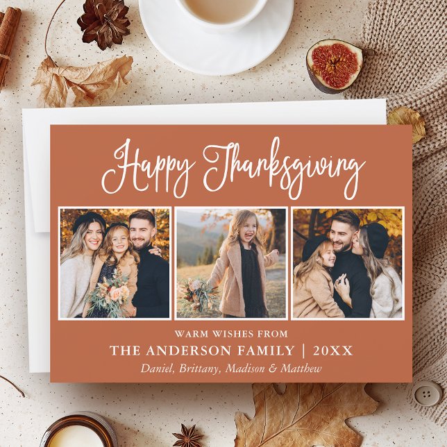 Cartes Pour Fêtes Annuelles Fun Calligraphy Thanksgiving Terracotta 3 Photos (Customize to add text to back of card.)