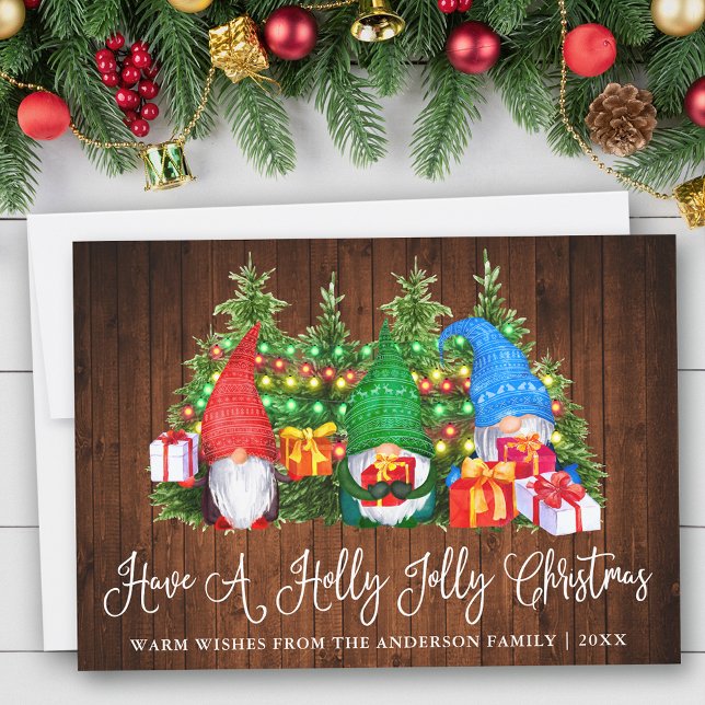 Cartes Pour Fêtes Annuelles Fun Calligraphy Wood Holly Jolly Gnomes de Noël (Customize to add text to back of card.)