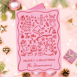 Cartes Pour Fêtes Annuelles Fun Main tiré rouge sur rose Plier photo Noël